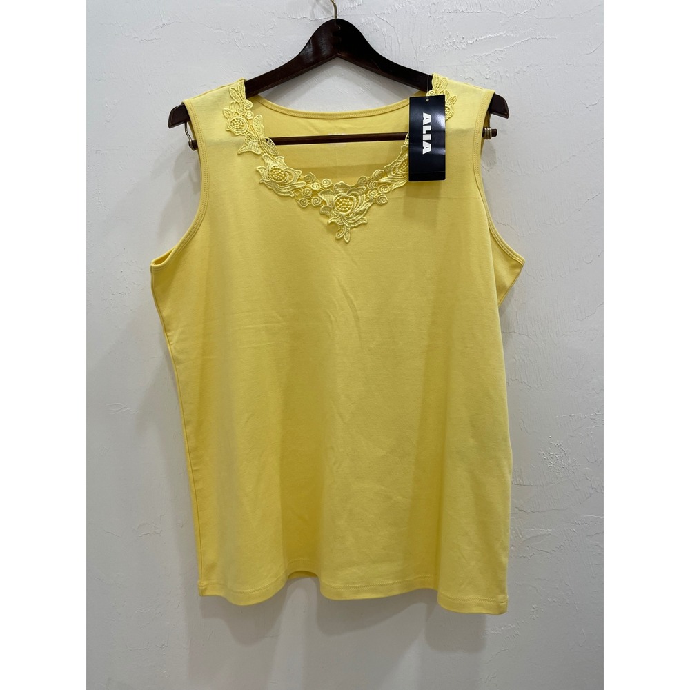 Alia‎ Tank Top Women Large Yellow New Floral Lace Scoop Neck Sleeveless Cotton